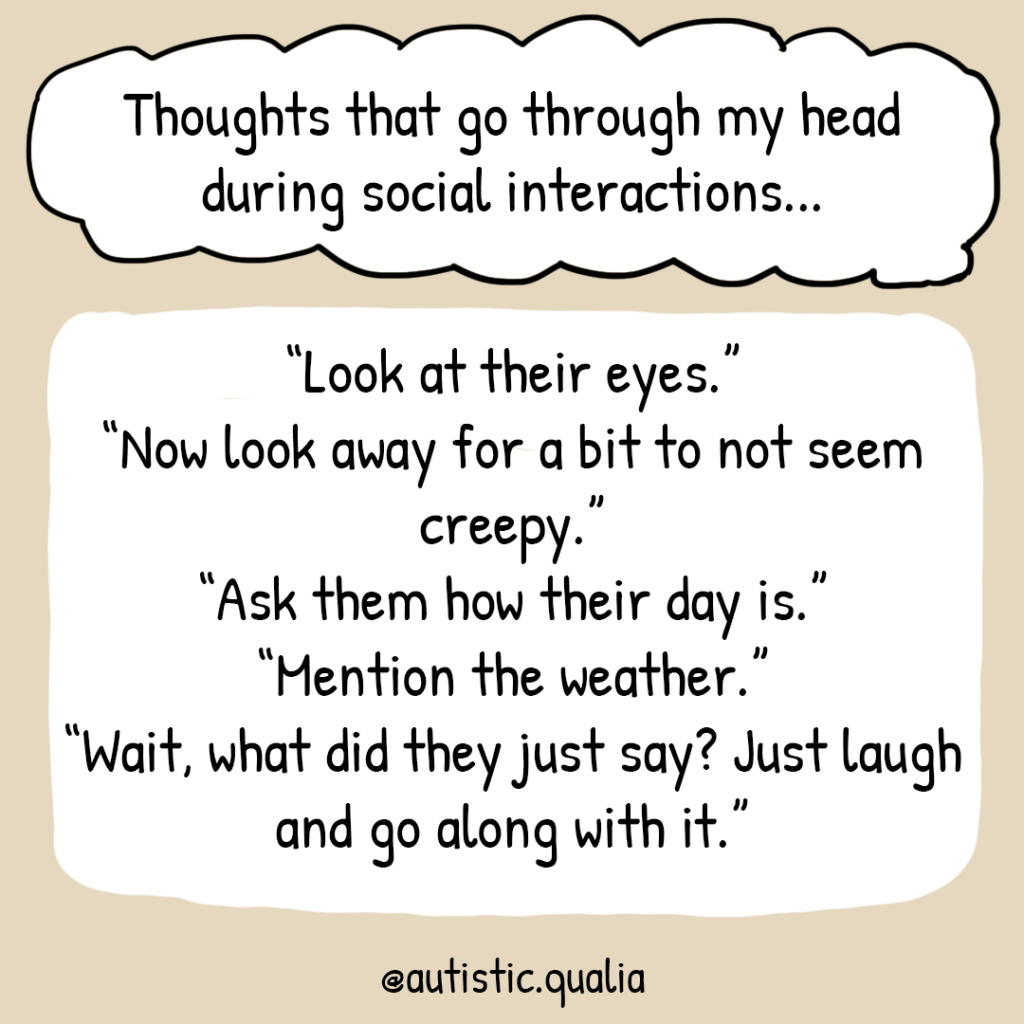 Thoughts that go through my head  during social interactions... “Look at their eyes.” “Now look away for a bit to not seem creepy.” “Ask them how their day is.” “Mention the weather.” “Wait, what did they just say? Just laugh and go along with it.”